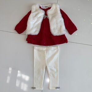 3-Piece Red and White Baby Outfit with Faux Fur Vest
